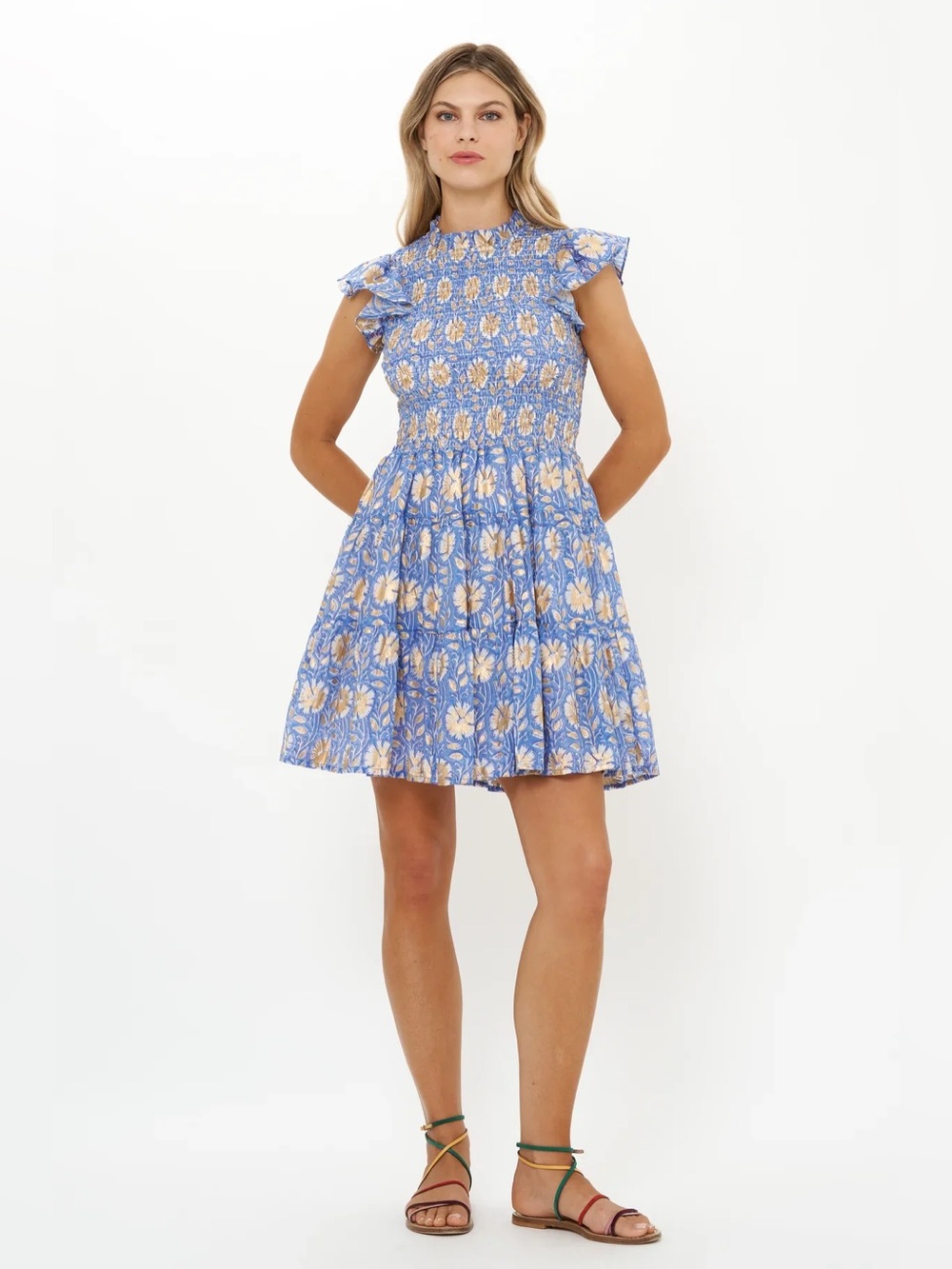 Oliphant Smocked Flirty Short Dress in Mughal Blue, Size XL - Picture 3 of 10